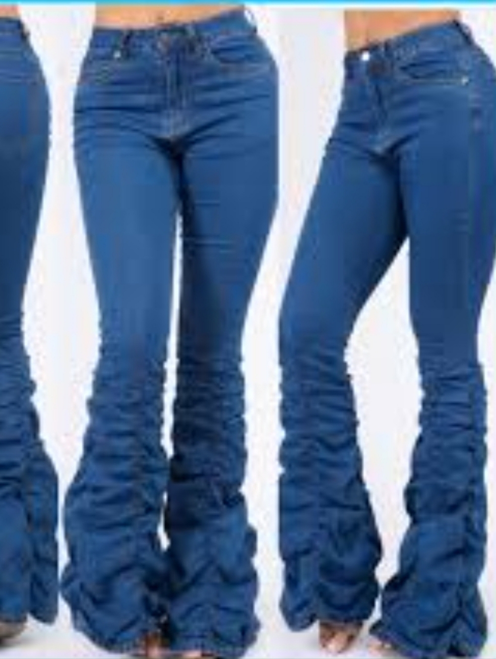 Stacked Ruched Flare Denim Jeans - Blue